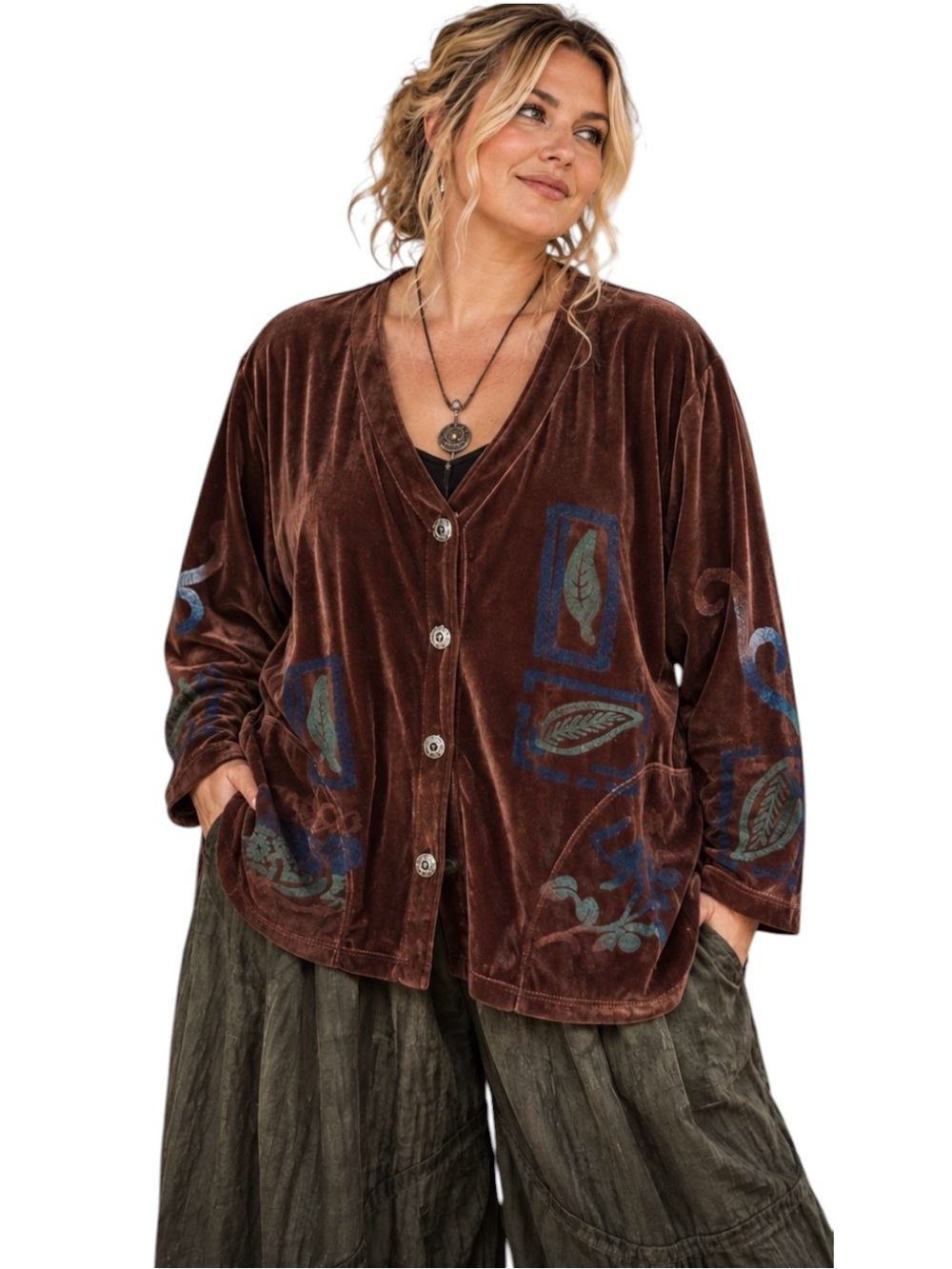 Zena Brown Velour Cardigan Jacket Painted Botanical Art To Wear Whimsical 2X